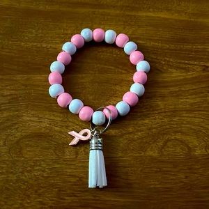 Breast Cancer Awareness Small Bead Wristlet Keychain